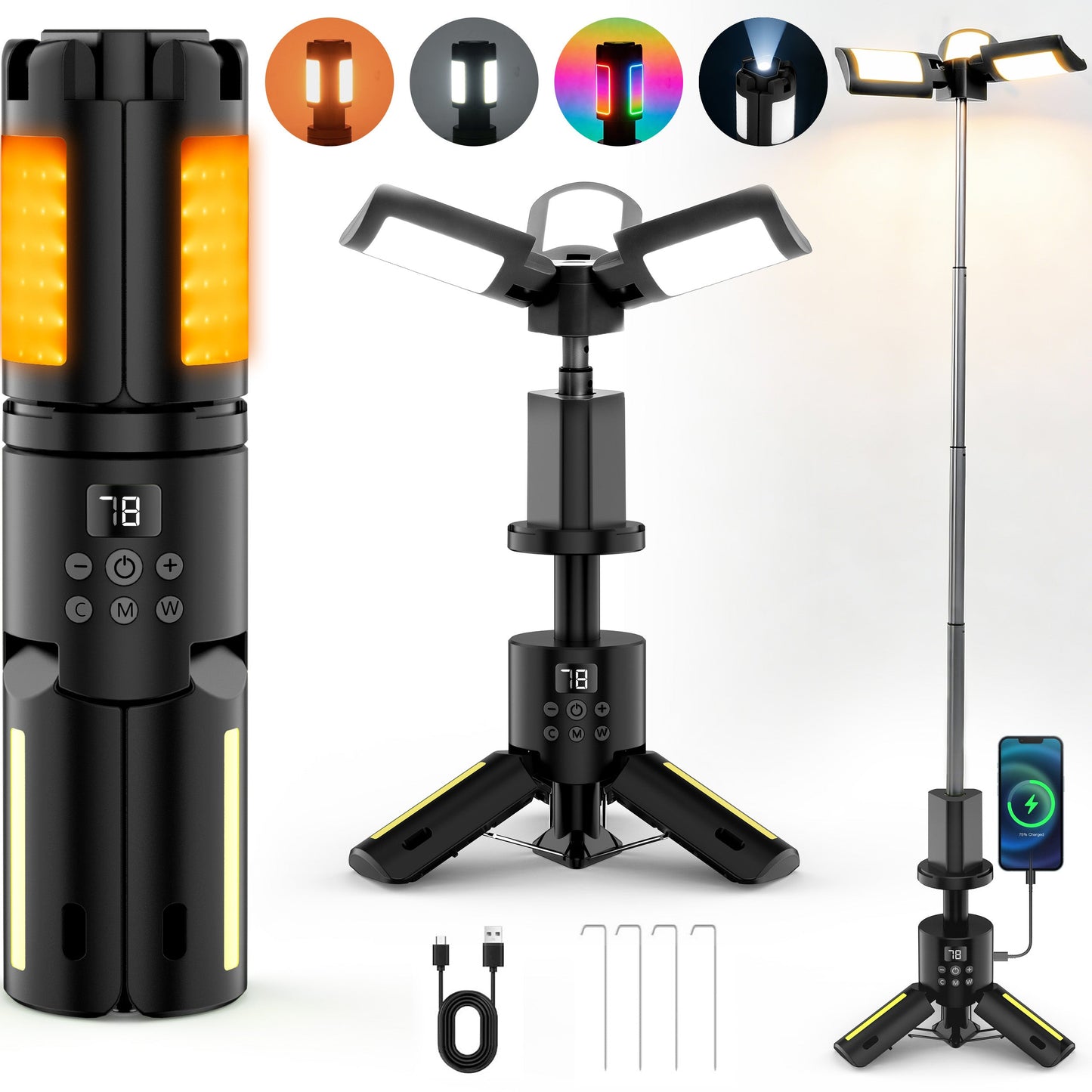SaveJoy Rechargeable Camping Light, Outdoor Work Light LED Flashlight with 8 Modes, Foldable Working Lantern with Detachable Tripod for Camping Hiking