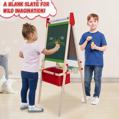 SaveJoy 3-in-1 Wooden Double Sided Kids Art Easel,Magnetic Whiteboard, Chalkboard and Paper Roll,Adjustable Standing Drawing Board with Accessories for Boys & Girls,Red