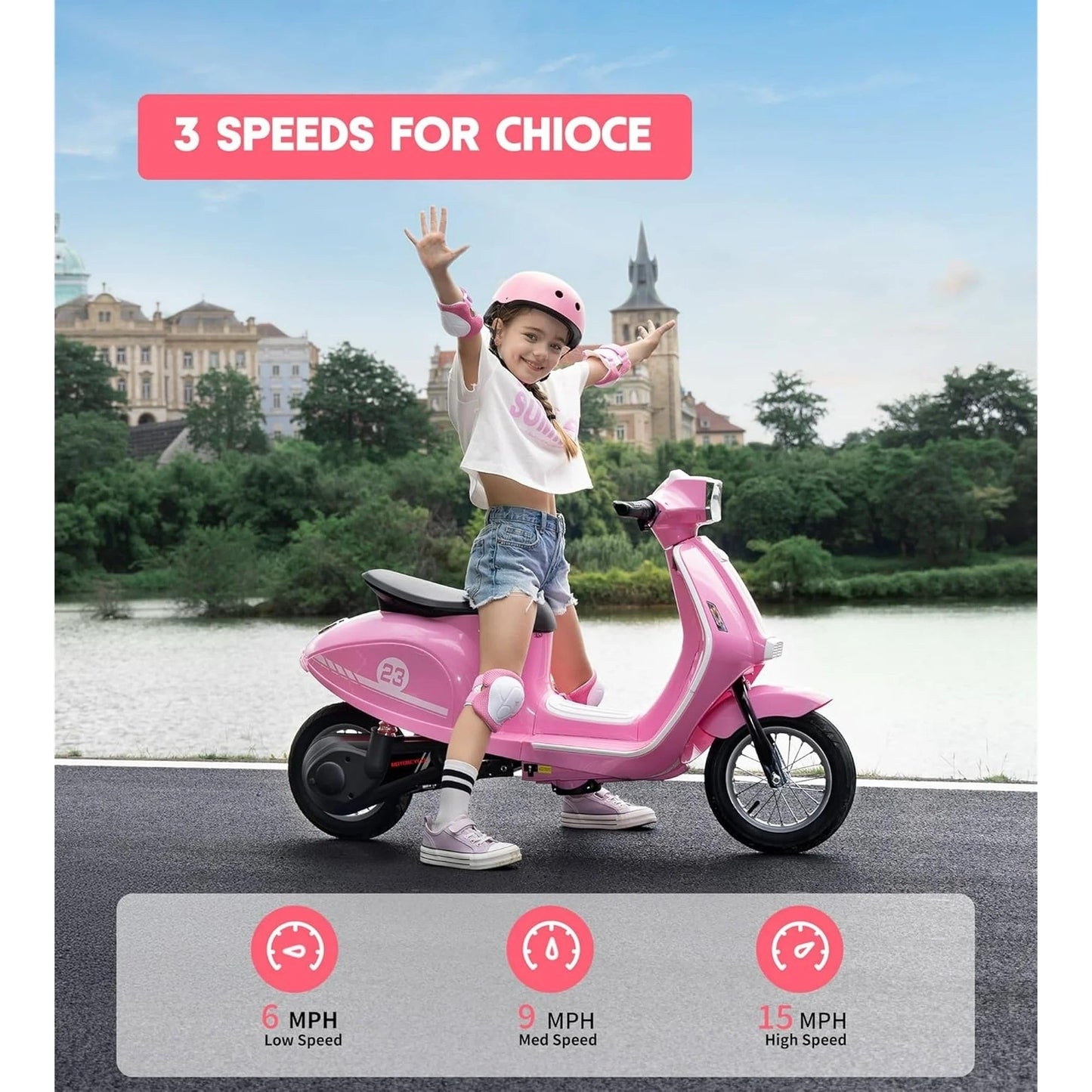 SaveJoy Kids Motorcycle 24V Retro Ride on Toys for Ages 8+, 15 mph LED Light up Electric Ride On Car,Durable Outdoor Gift for Boys & Girls,Pink