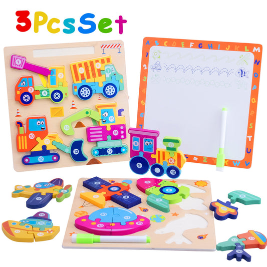 SaveJoy Wooden Animal Jigsaw Puzzle Set - 3D Smooth Surface, Rich Colors,with Drawing Board for Kids' Early Learning & Fun,3Pcs
