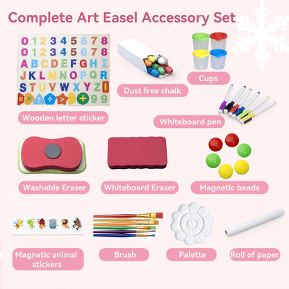 SaveJoy Kids Art Easel 3-in-1 Wooden Double Sided ,Magnetic Whiteboard, Adjustable Standing Drawing Board with Accessories for Boys & Girls,Pink