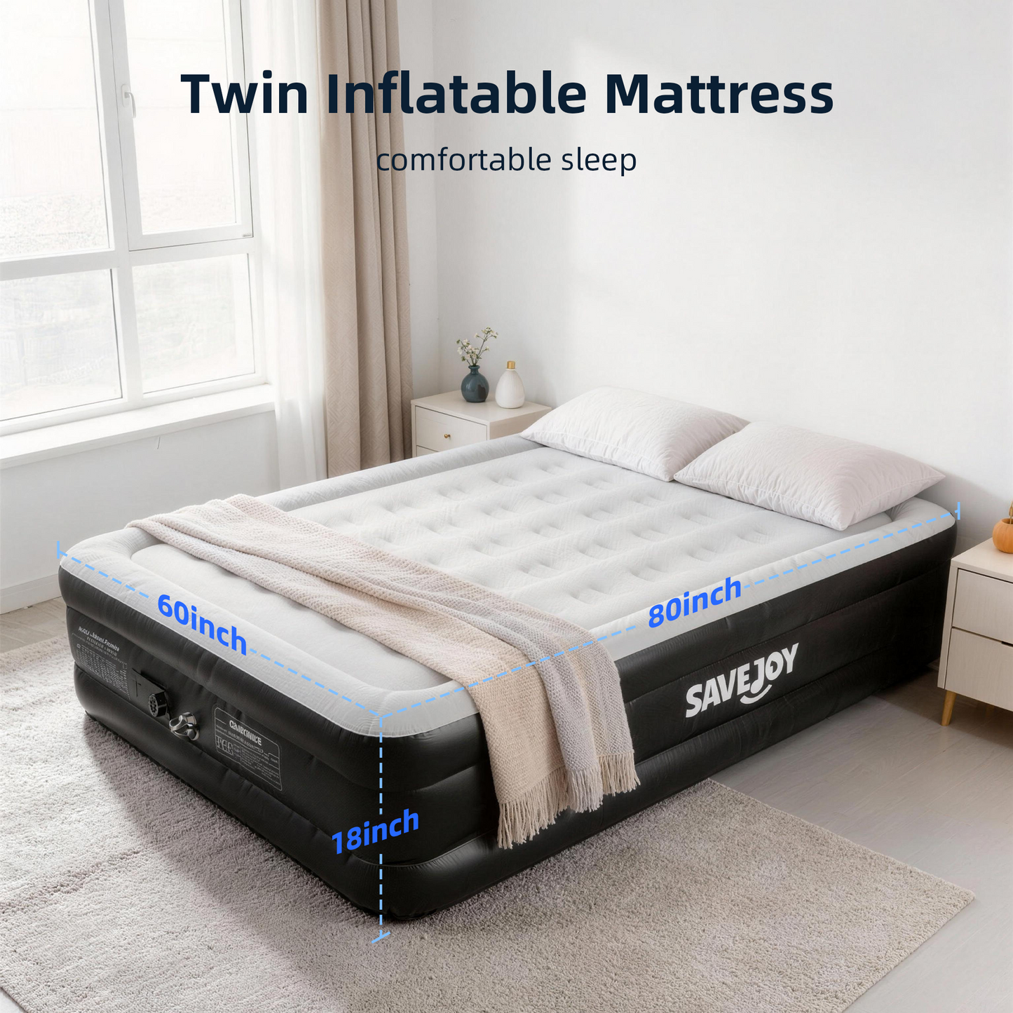 SaveJoy Air Mattress with Built in Pump, 18‌″ Inflatable Mattress Blow up Air Bed for Camping, Home & Guests