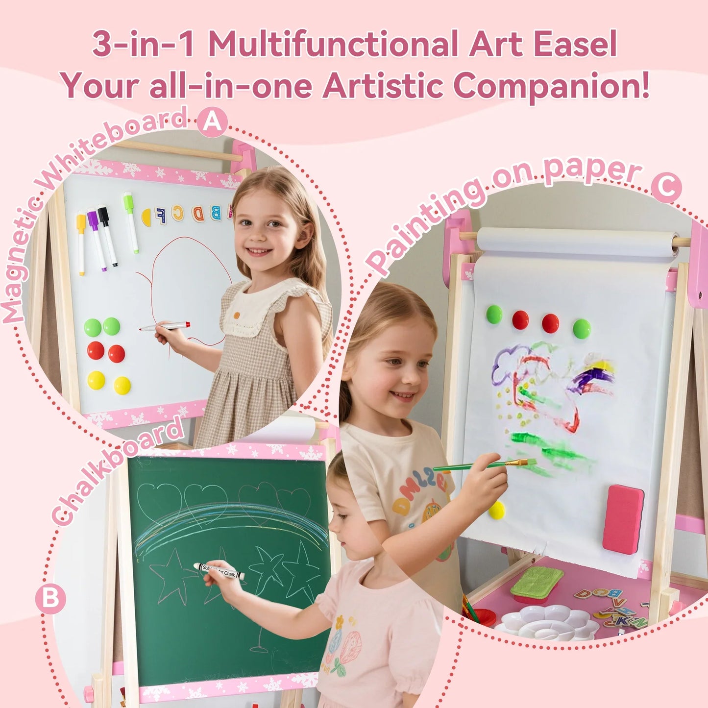 SaveJoy Kids Art Easel 3-in-1 Wooden Double Sided ,Magnetic Whiteboard, Adjustable Standing Drawing Board with Accessories for Boys & Girls,Pink