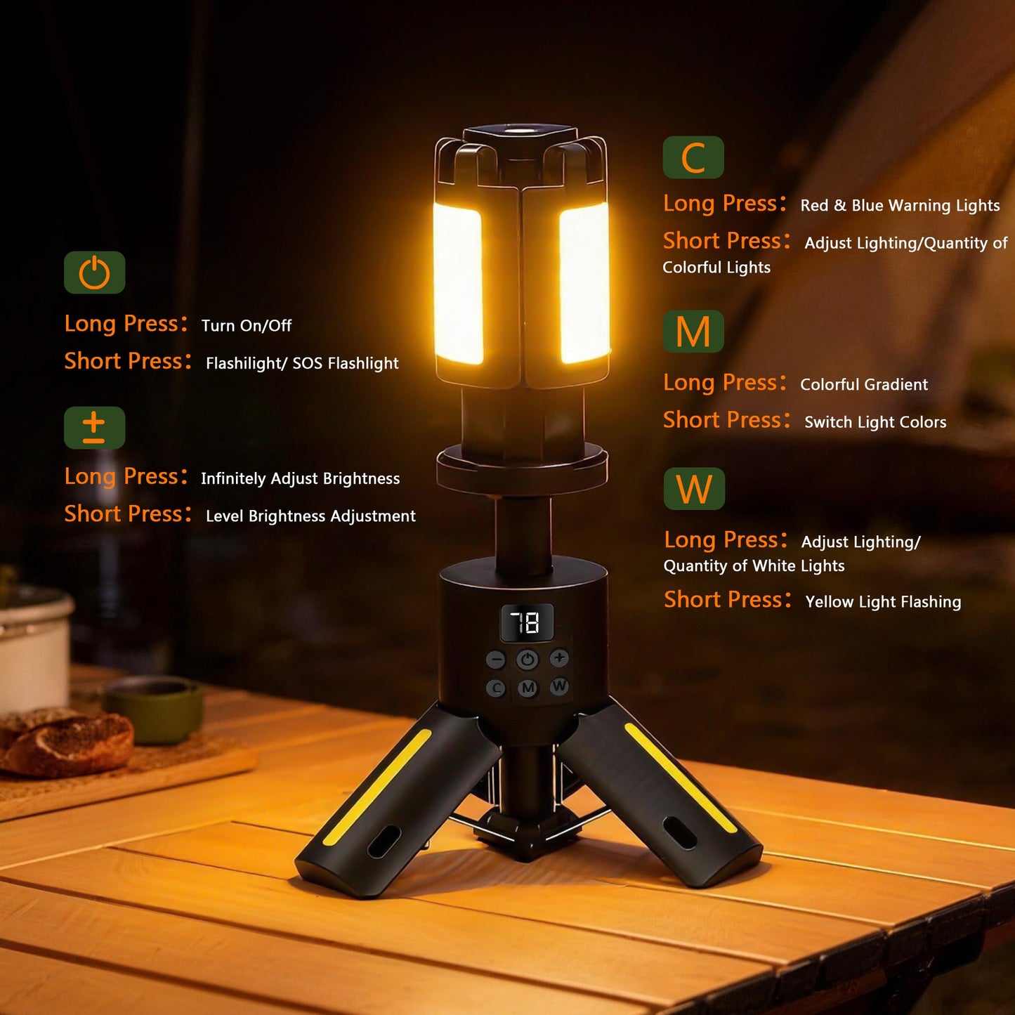 SaveJoy Rechargeable Camping Light, Outdoor Work Light LED Flashlight with 8 Modes, Foldable Working Lantern with Detachable Tripod for Camping Hiking