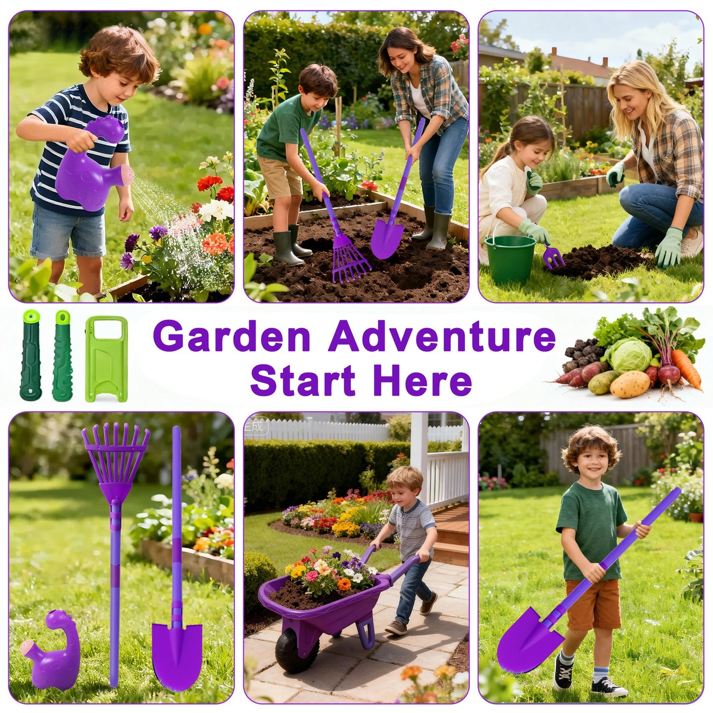 SaveJoy Kids Gardening Tools Set,Toddler Garden Outdoor Toys,Kids Wheelbarrow with Watering Can,Shovel,Rake,Hoe,outdoor toys for kids Age 4-8,Purle