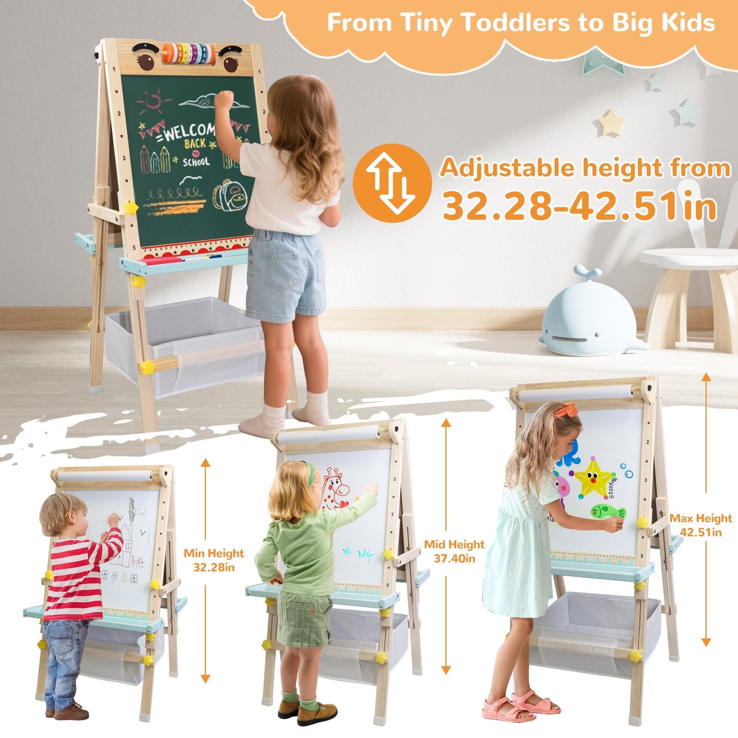 SaveJoy Kids Art Easel with Paper Roll,Double-Sided Adjustable Standing Drawing Board with Accessories Toddlers Easel