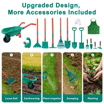 SaveJoy Kids Gardening Tools Set,Toddler Garden Outdoor Toys,Kids Wheelbarrow with Watering Can,Shovel,Rake,Hoe,outdoor toys for kids Age 4-8,Green