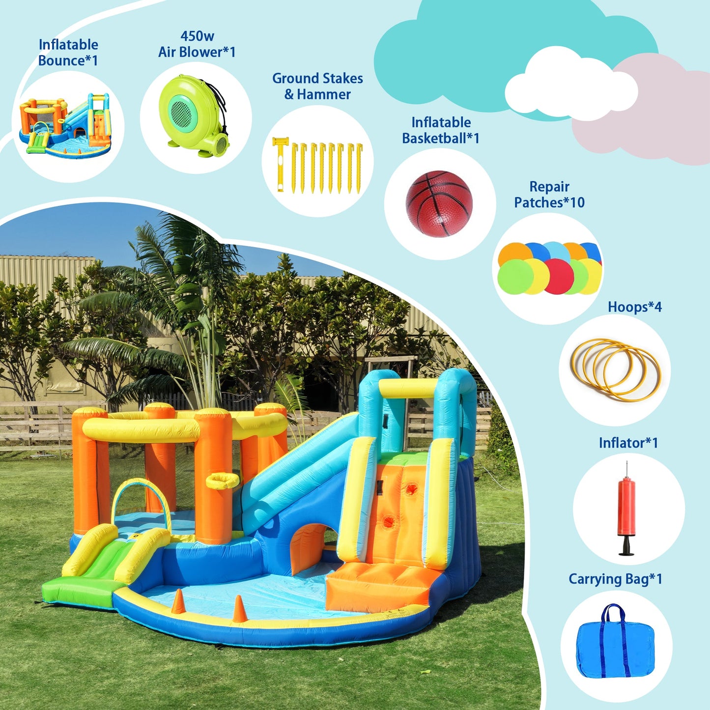 SaveJoy Bounce House with Blower, Inflatable Water Silde for Kids, Jump House Outdoor Toys for Backyard, 93198T