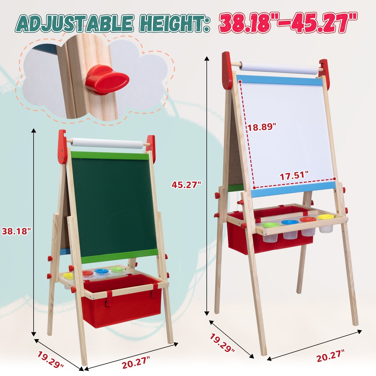 SaveJoy 3-in-1 Wooden Double Sided Kids Art Easel,Magnetic Whiteboard, Chalkboard and Paper Roll,Adjustable Standing Drawing Board with Accessories for Boys & Girls,Red