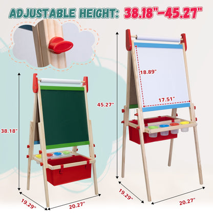 SaveJoy 3-in-1 Wooden Double Sided Kids Art Easel,Magnetic Whiteboard, Chalkboard and Paper Roll,Adjustable Standing Drawing Board with Accessories for Boys & Girls,Red