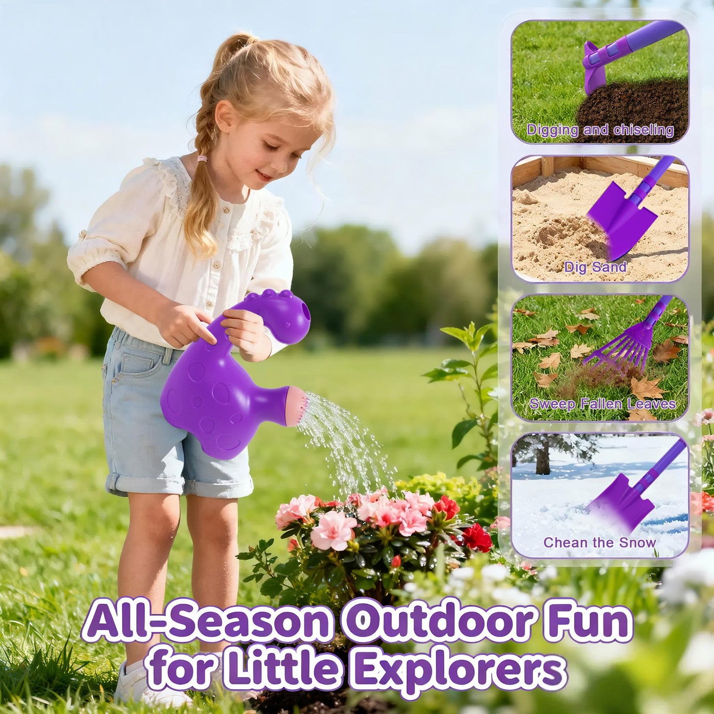 SaveJoy Kids Gardening Tools Set,Toddler Garden Outdoor Toys,Kids Wheelbarrow with Watering Can,Shovel,Rake,Hoe,outdoor toys for kids Age 4-8,Purle