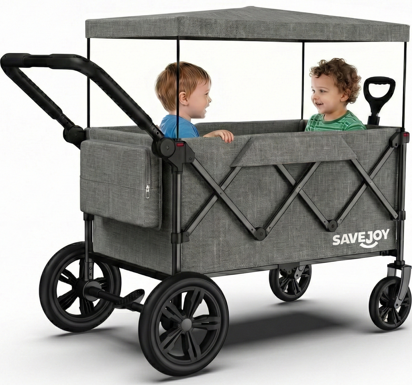 SaveJoy Wagon Stroller, Collapsible Stroller Wagon for 2 Passenger with Adjustable Canopy & 5-Point Harness, Black