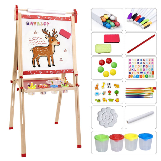 SaveJoy Reindeer Art Easel for Kids,Adjustable Double-Sided Magnetic Whiteboard,Wooden Toddlers Drawing Chalkboard with Paper & Art Supplies for 3-8 Boys Girls