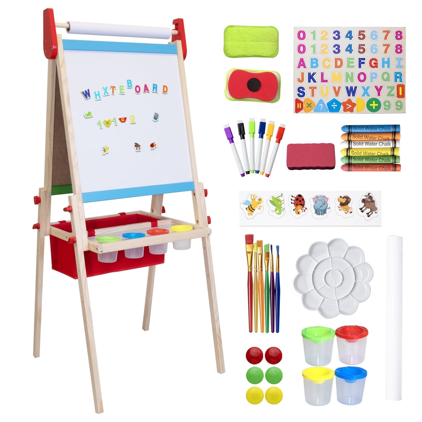 SaveJoy 3-in-1 Wooden Double Sided Kids Art Easel,Magnetic Whiteboard, Chalkboard and Paper Roll,Adjustable Standing Drawing Board with Accessories for Boys & Girls,Red