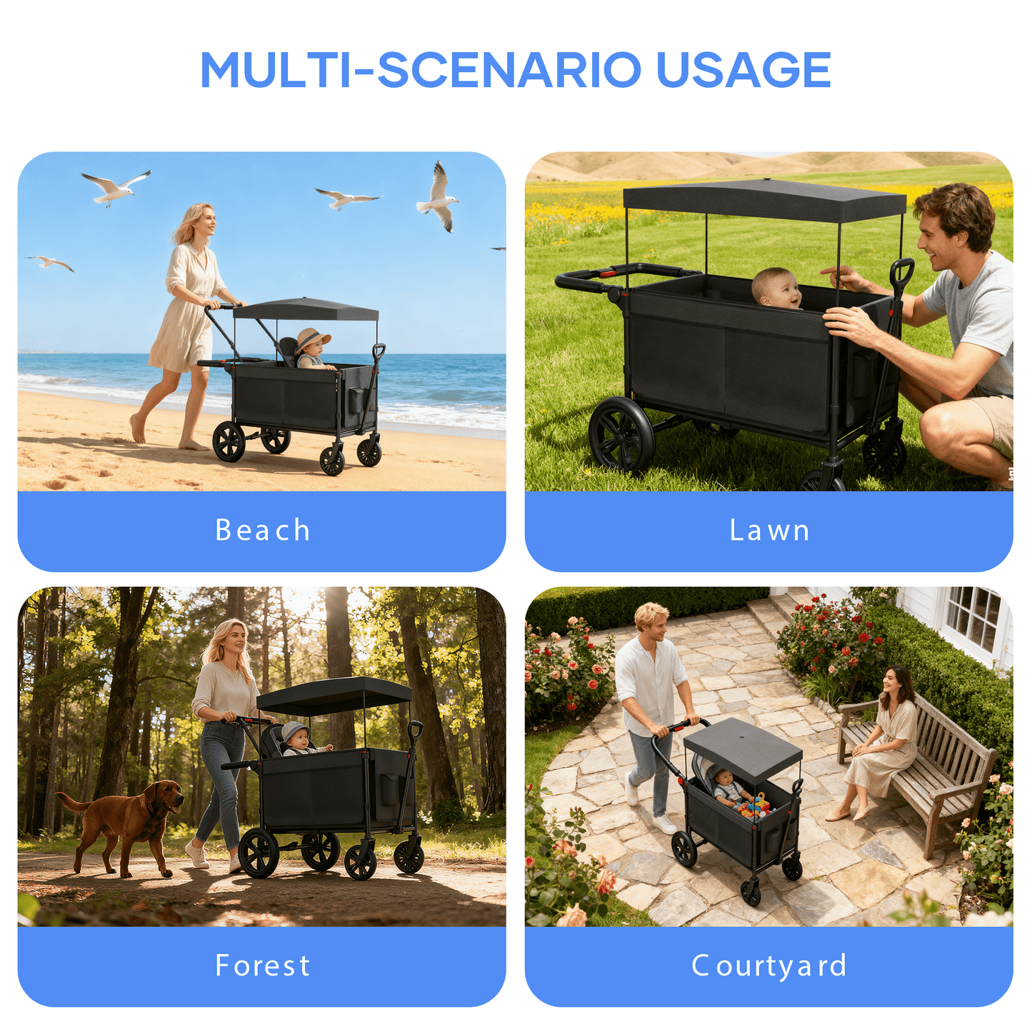 SaveJoy Wagon Stroller, Collapsible Stroller Wagon for 2 Passenger with Adjustable Canopy & 5-Point Harness, Black